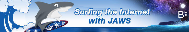 Een vriendelijke haai surft op de golven op een surfplank. Achter een eiland in de verte gloeien de sterren en de Melkweg aan de hemel. Het surfen op het internet met JAWS opent een universum van mogelijkheden!